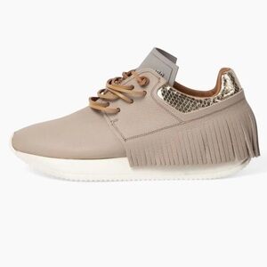 Esseutesse tan leather and gold python trim fringe lace up sneakers